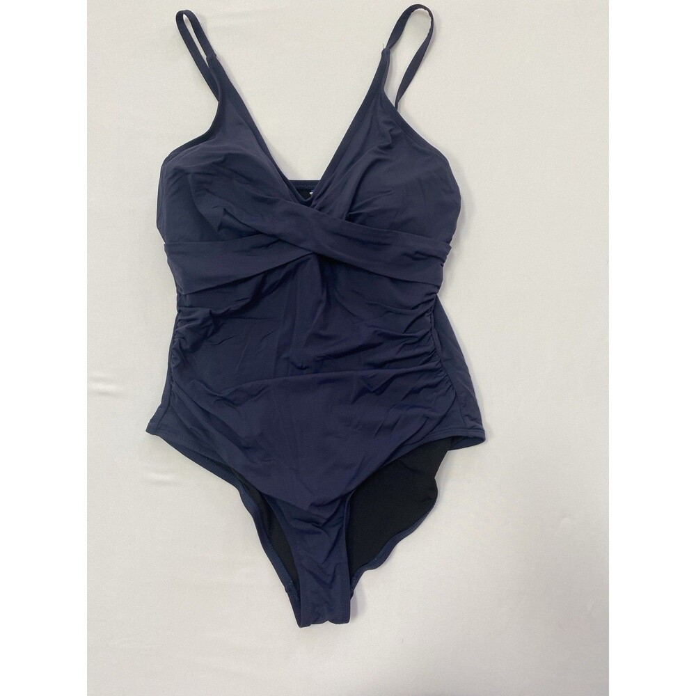 Hilor One Piece Swimsuit Size L 12 Navy Blue Ruched Crossover Bathing Suit